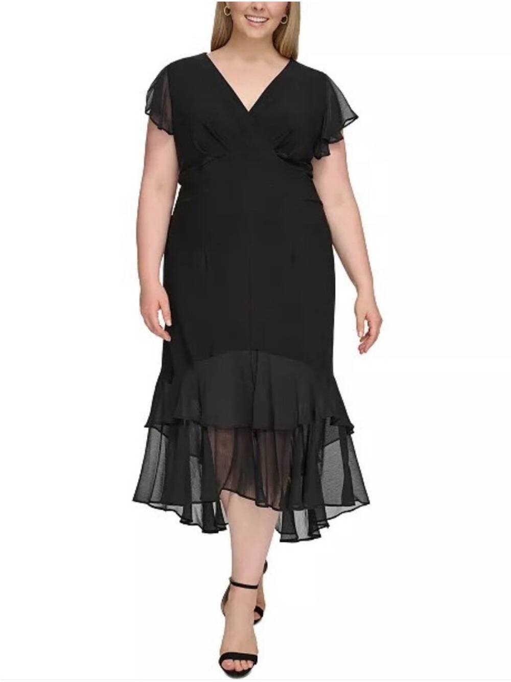 Tommy Hilfiger Black Ruffle Hem Midi Dress Size 20W Flutter Sleeve Evening